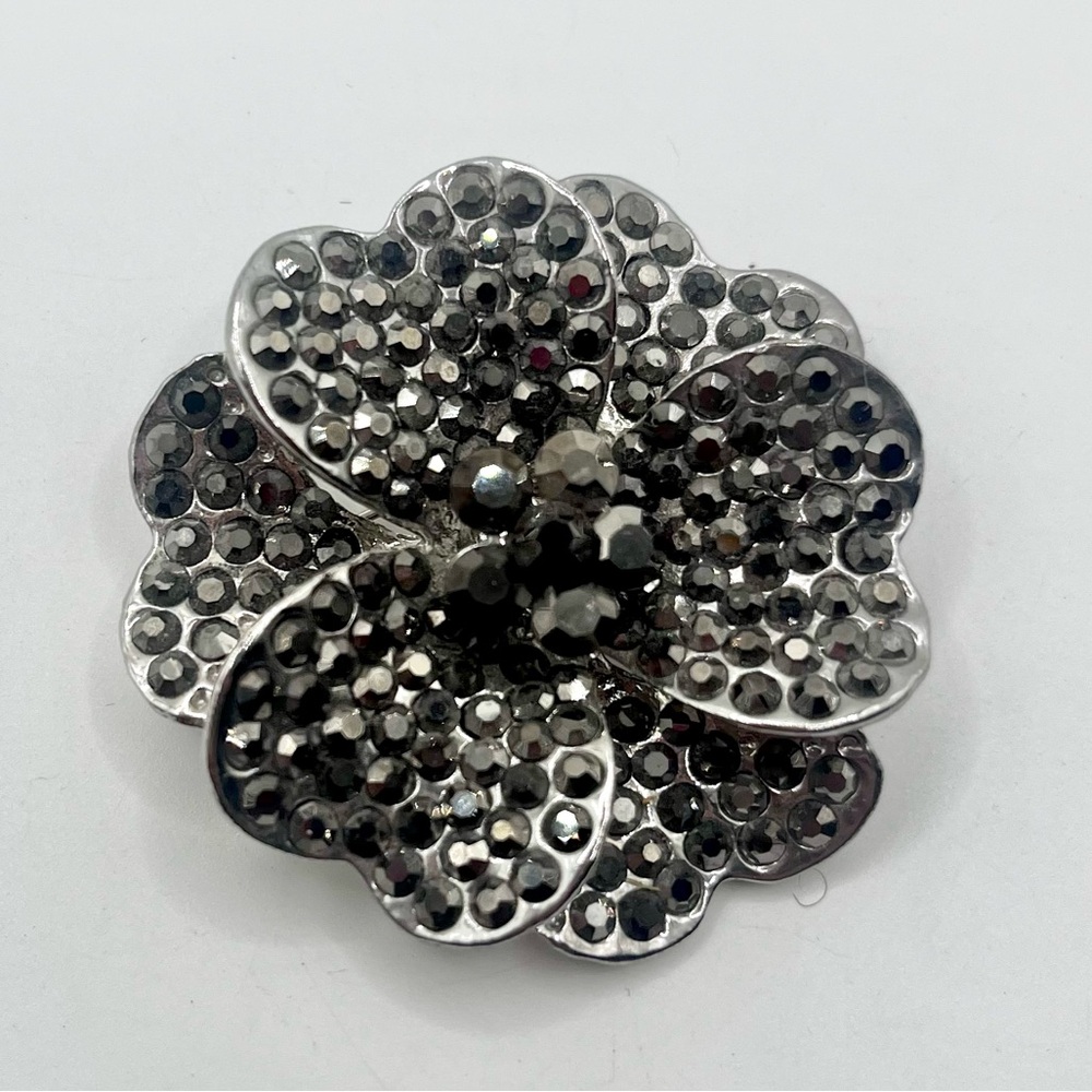 Vintage Silver-Tone Flower Brooch with Black Rhinestones